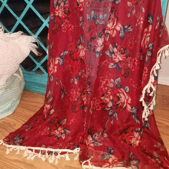 BOHO FLORAL FRINGE MAXI KIMONO CARDIGAN DUSTER OS - Picture 1 of 5